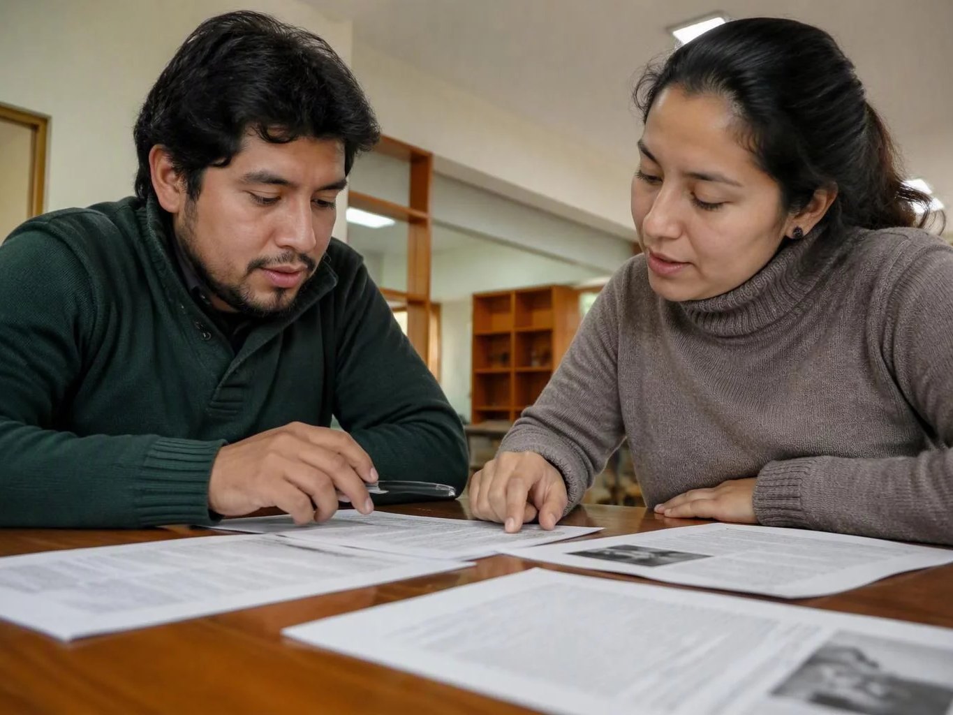 Dos asistentes en la mesa de trabajo, entre hojas y anotaciones