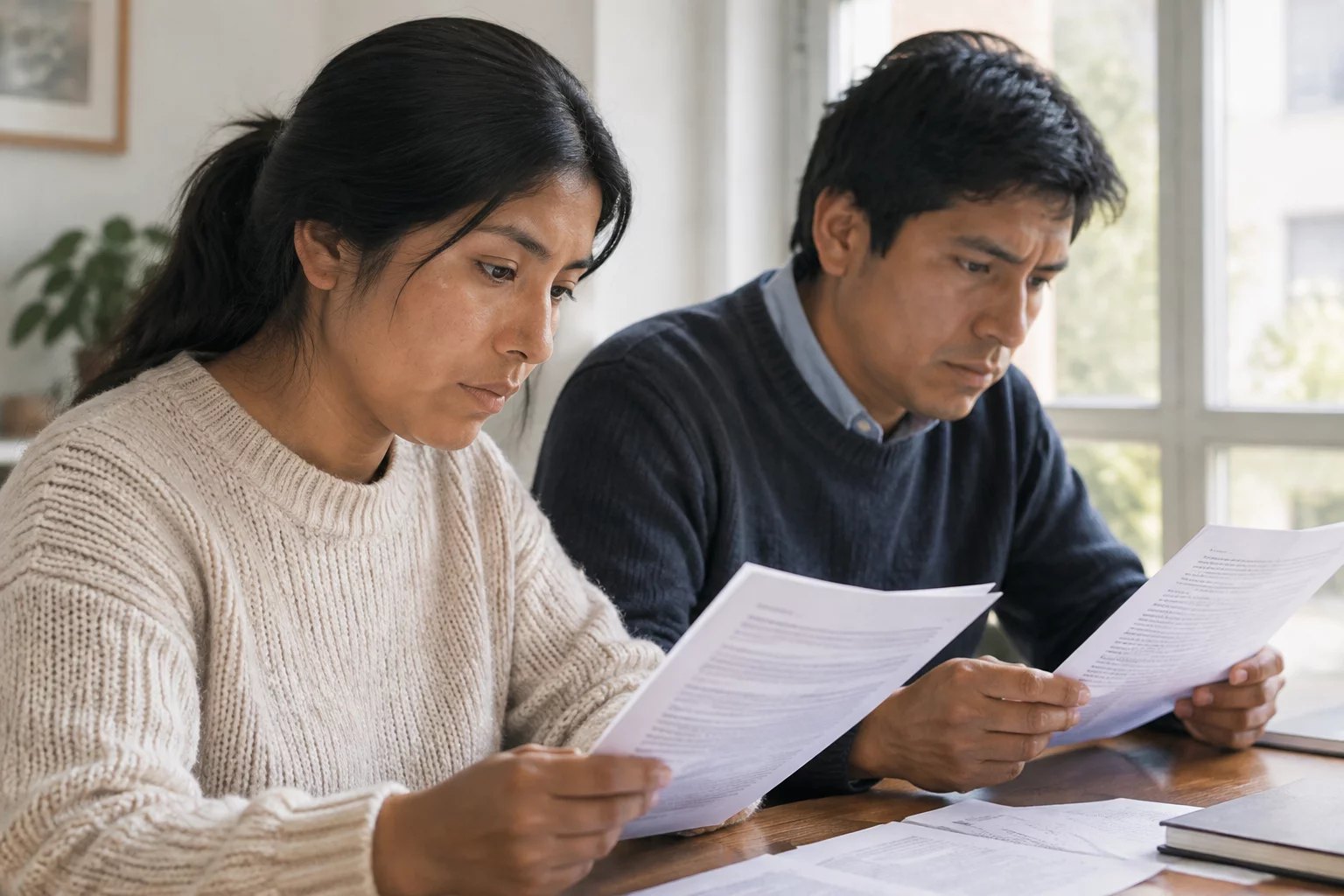 Dos asistentes leyendo juntos las hojas del caso