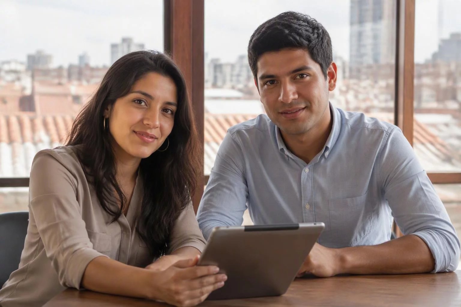Dos personas inclinadas sobre una tablet con anotaciones
